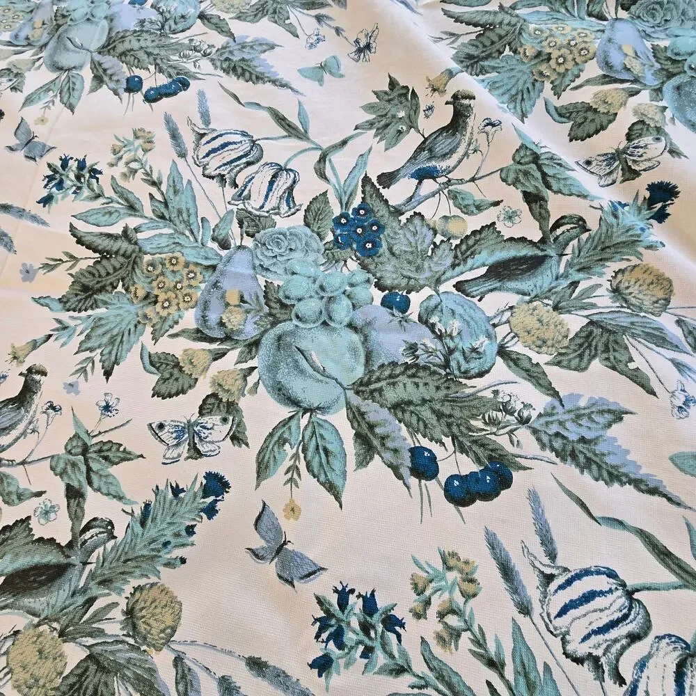 Vintage Waverly Fabric Remnant Plymouth Document Blue Yellow Green Birds READ DS